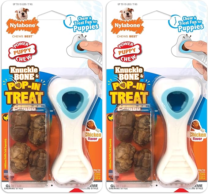 Nylabone Knuckle Bone Pop-in Treat Toy Puppy Chew Toy for Puppies, Interactive Treat Dispensing Enrichment Toys for Puppies, Long Lasting Chicken Flavor, X-Small Dogs - Up to 15 lbs (Pack of 2)