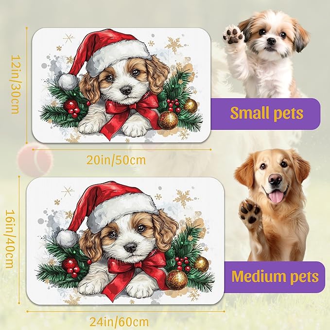 Christmas Dog and Cat Food Mat, Absorbent Feeding Placemat, Waterproof Non-Slip Rubber Base – 16x24 Inch