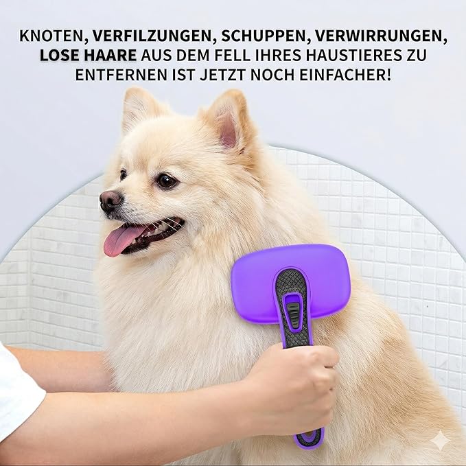 Self Cleaning Slicker Brush for Dog, Cat, Skin Friendly Shedding & Grooming Tool for Long and Short Haired Pets, Easy Clean Retractable Bristles, Purple