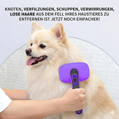 Self Cleaning Slicker Brush for Dog, Cat, Skin Friendly Shedding & Grooming Tool for Long and Short Haired Pets, Easy Clean Retractable Bristles, Purple