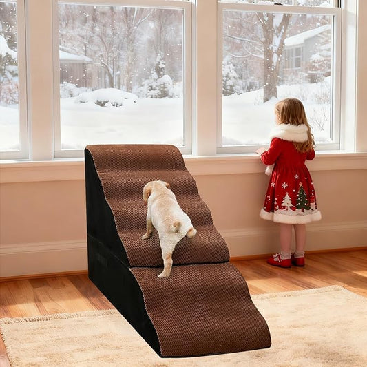 Dog Steps for High Beds 30-32" H - 6-Step Dog Stairs for Small Dogs, 33D Foam Pet Steps for High Bed with Non-Slip Bottom and Washable Cover, Dogs Ramp for Bed Indoor, Brown