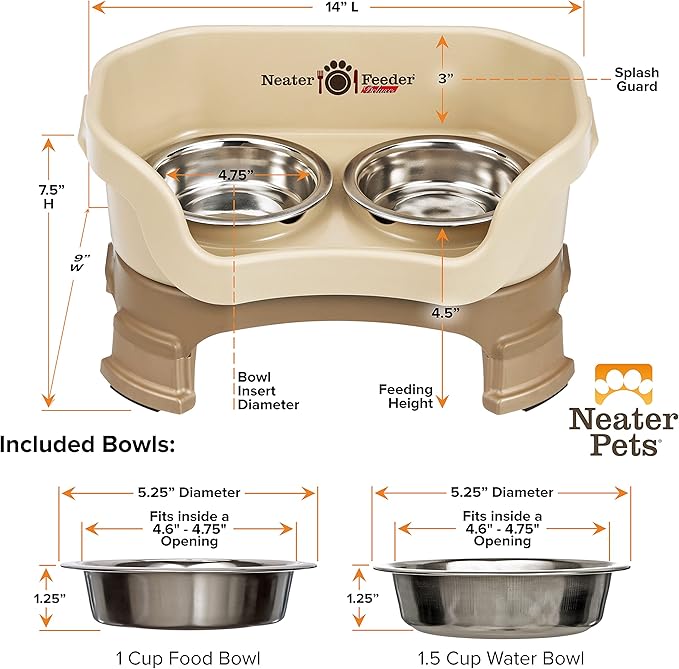 Neater Feeder Deluxe Mess-Proof Elevated Cat Bowls, 2 Height Adjustable (6” & 7.5”) No-Spill Raised Cat Bowl Stand, Whisker Friendly Stainless Steel Dishes for Indoor Cats, Made in USA, Cappuccino