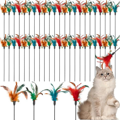 Leitee 50 Pcs Cat Wand Toy Feather Stick Cat Toy Bulk Feather Toys and Teaser Wand Bulk Interactive Stick for Indoor (Multi-Color)
