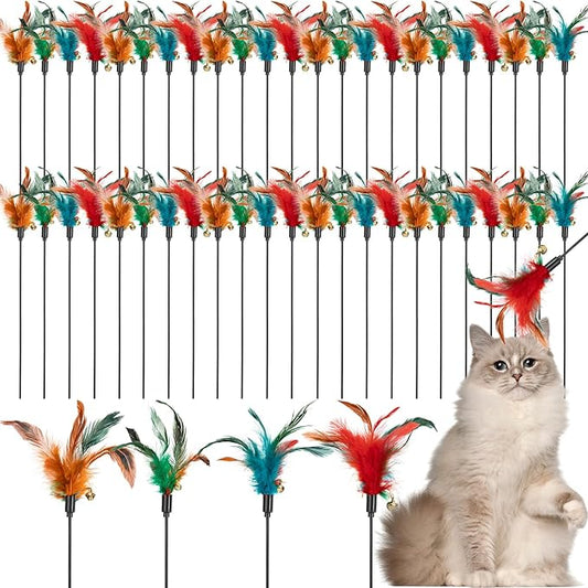 Leitee 50 Pcs Cat Wand Toy Feather Stick Cat Toy Bulk Feather Toys and Teaser Wand Bulk Interactive Stick for Indoor (Multi-Color)