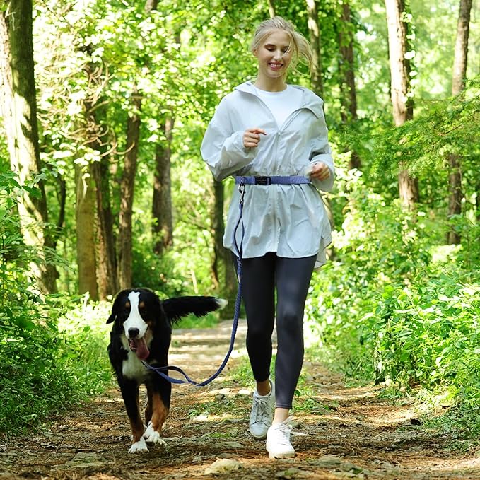 VIVAGLORY Hands Free Dog Leash Bungeeone Running Dog Leash with Waist Belt for Running Walking & Jogging, Bungee & Around Waist for Pet, M, Navy Blue/Black