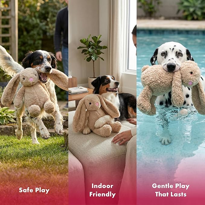 Pet Lou 15-Inch Rabbit Dog Squeak Toys, Durable Plush with Crinkle Interactive Dog Toy, Not for Heavy Aggressive Chewers, Colossal Dog Chew Toys
