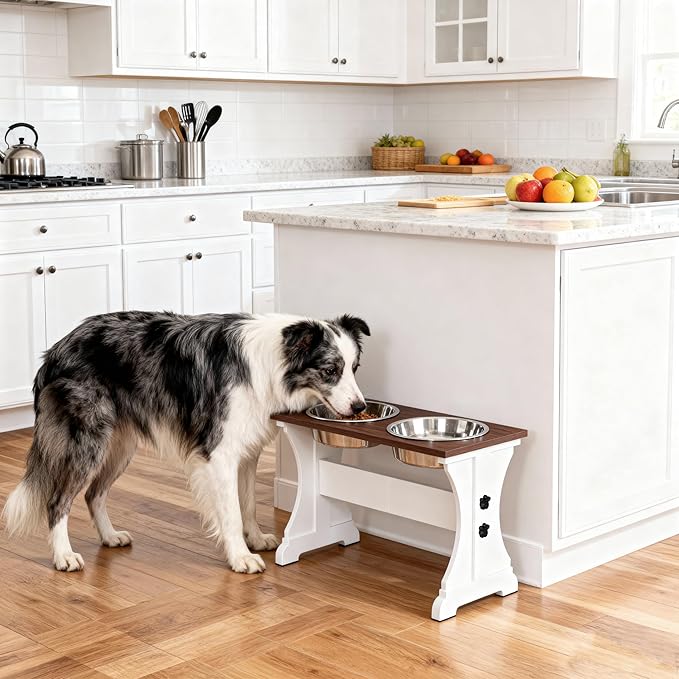 Piskyet Elevated Dog Bowls,Farmhouse Dog Bowls Stand, Raised Dog Bowl with 2 Stainless Steel Wooden Dogs Bowls,7 Cups 11''H_55 oz Bowl-Farmhouse Style