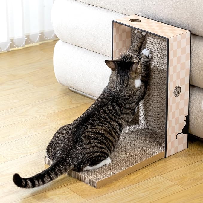 Cat Scratcher Box with Heavy-Duty Double-Sided Cardboard Pad, Cardboard Lounger, Interactive Hole Design, Cat Bed for Indoor Cats, Checkered,Large - 5 Pack