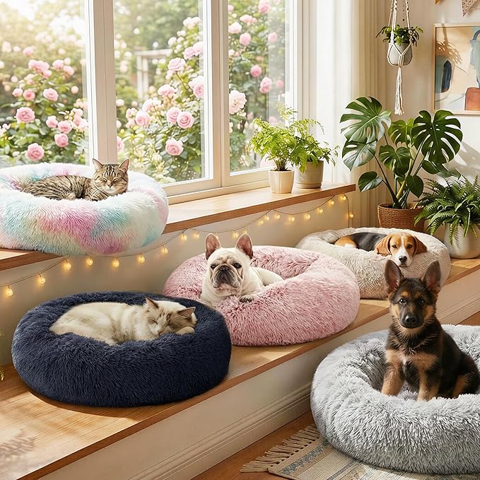 Love's cabin Calming Cat Bed for Indoor Cats, Anti-Anxiety Donut Round Dog Bed, Fluffy Faux Fur Washable Pet Bed for Small Medium Dogs and Cats,Bluish Grey,20in