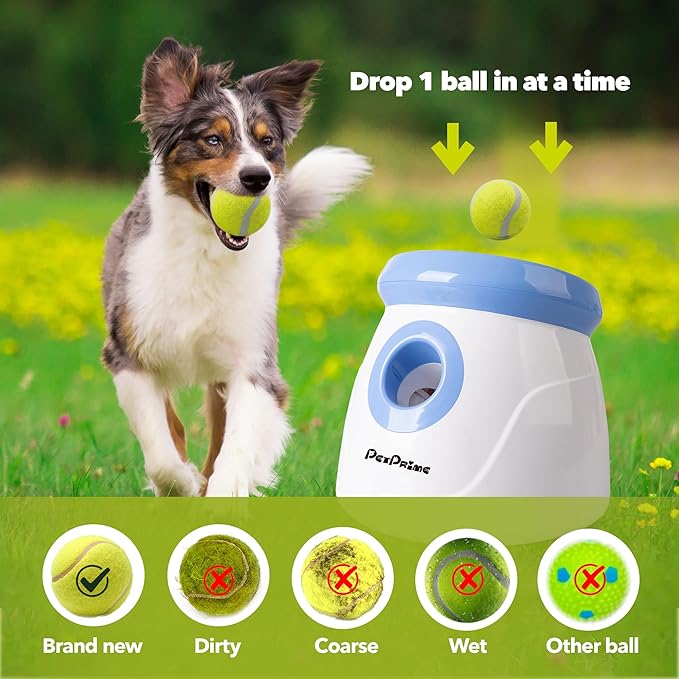 Pet Prime Automatic Dog Ball Thrower Launcher for Small and Medium Dogs, Interative Dog Fetch Machine with 3 Tennis Balls (2'') for Indoor/Outdoor Throwing Game Launch Distance 10-30ft