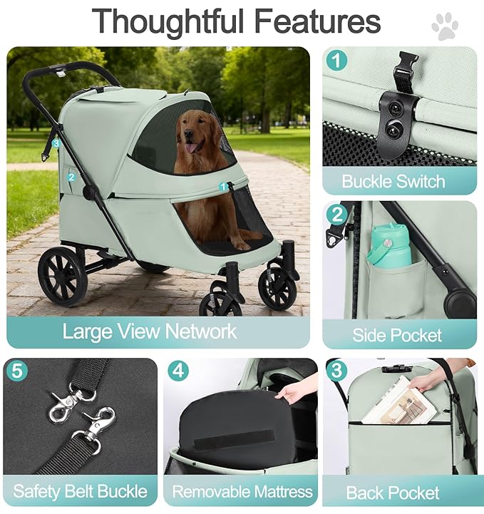 Pet Stroller with Ramp for Large Dogs up to 132lbs, Large Pet Gear for Multiple Dogs/Cats, All-Terrain with Mesh Dual-Window & NO-Zip, Removable Mattress & Slope Pad(Lake Green)