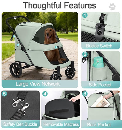 Pet Stroller with Ramp for Large Dogs up to 132lbs, Large Pet Gear for Multiple Dogs/Cats, All-Terrain with Mesh Dual-Window & NO-Zip, Removable Mattress & Slope Pad(Lake Green)
