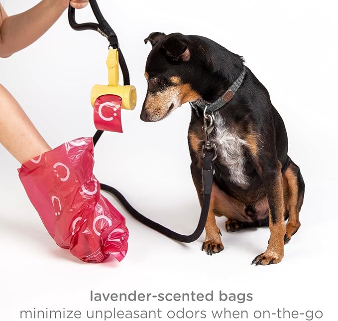 Ubbi Retractable Dog Poop Bag Holder and Dispenser with Silicone Strap Leash Attachment, Includes 2 Rolls of Lavender Scented Leakproof Waste Bags, Yellow