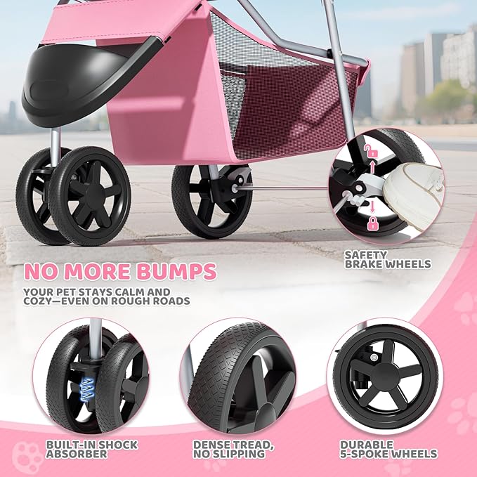 Magshion 3-Wheel Pet Stroller, Foldable Travel Jogger for Small & Medium Dogs & Cats (Up to 33lbs), Lightweight Carrier with Breathable Mesh Cover, Cup Holder & Storage Basket, Pink