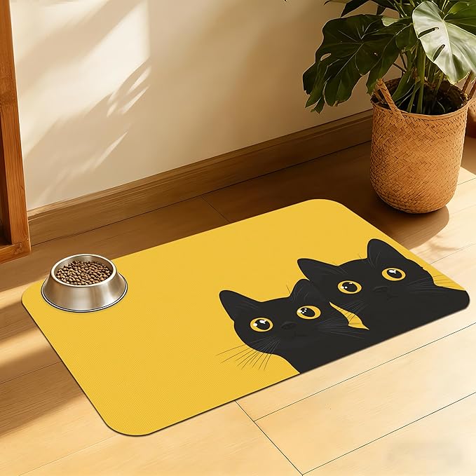 Cute Black Cat Peeking Pet Bowl Mat, Absorbent Placemat for Food and Water, Waterproof Non-Slip Rubber Base – 16x24 Inch