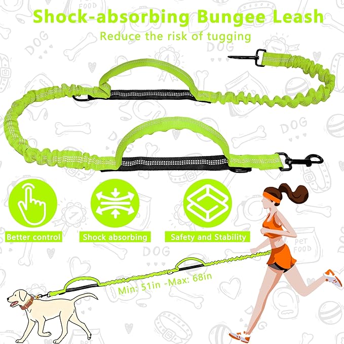 Hands Free Dog Leash with Zipper Pouch, Running Waist Leash for Dog Walking, Adjustable Waist Belt for Large Dogs, Reflective Bungee Design with Two Handle for Hiking, Training, Neon Green