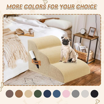 Romrol Dog Stairs Ramp for Beds Couches, Extra Wide Pet Steps with Durable Non-Slip Waterproof Fabric Cover, Dog Slope Stairs for Small Dogs and Cats or Pets Friendly, 3-Tiers, 13 Inch,Beige