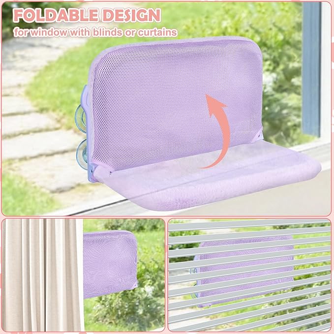 2 Pack Cat Window Perch,Cat Window Hammock Cordless Foldable Window Bed with 4 Large Strong Suction Cup,Reversible Cushion Cover,Metal Frame Easy to Adjust Window Seat Holds up to 40lbs(Purple)