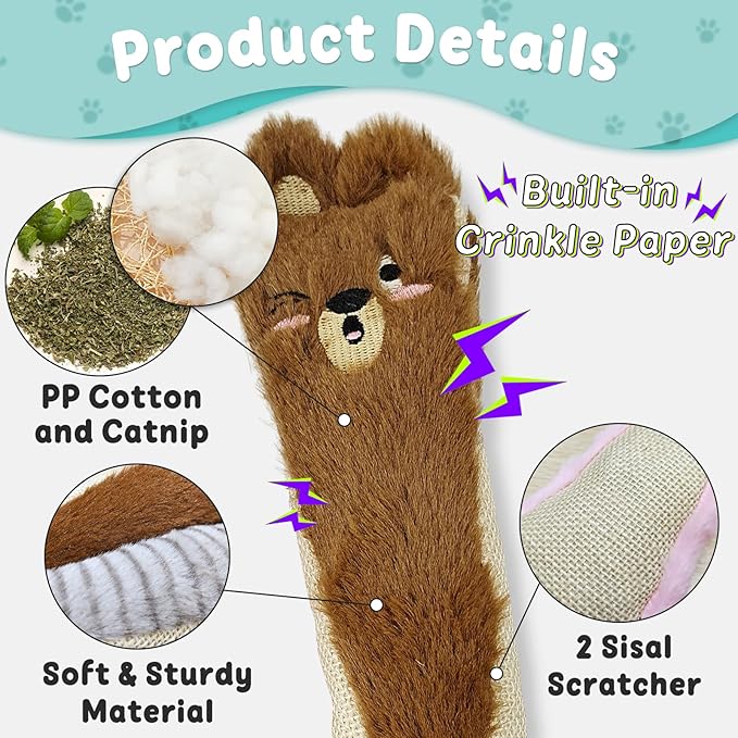 Andiker Catnip Toys for Indoor Cats,10.24inches Plush Toy for Cats with Crinkle Paper Inside,Fluffy cat Toy with Feather and 2 Scratcher (Pink)