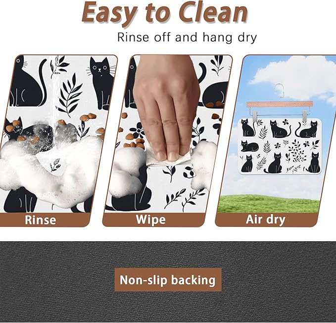 Cute Black Flower Dog Cat Food Mat,Absorbent Pet Feeding Mat with Rubber Backing,Non-Slip Water Bowl Placemat,Indoor Pet Accessories Supplies 12"x20"