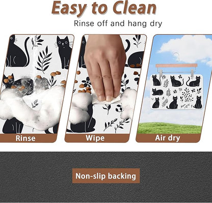 Cute Black Flower Dog Cat Food Mat,Absorbent Pet Feeding Mat with Rubber Backing,Non-Slip Water Bowl Placemat,Indoor Pet Accessories Supplies 12"x20"