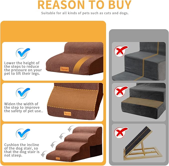 Topmart Wider High Density Foam Dog Steps 4 Tiers,Extra Wide Deep Pet Steps,Non-Slip Pet Stairs with Waterproof Cover,Soft Foam Dog Ladder,Best for Older, Injured, Pets,Cats