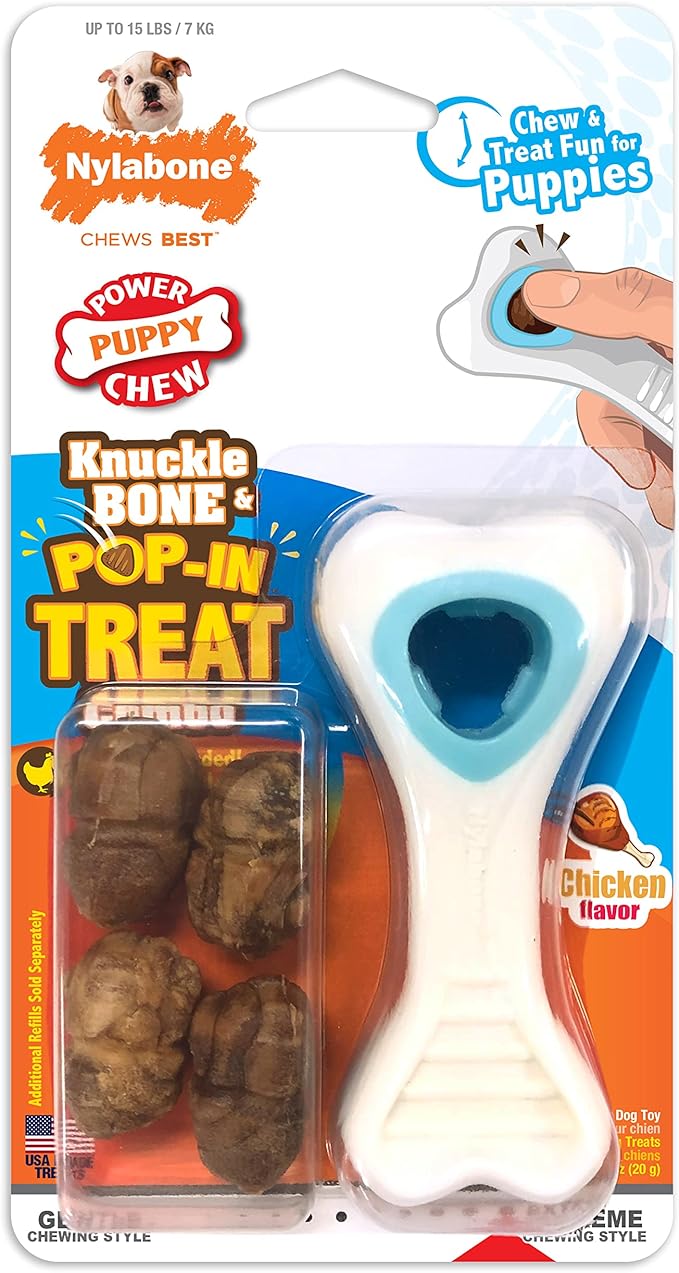Nylabone Knuckle Bone Pop-In Treat Toy Puppy Chew Toy for Puppies, Interactive Treat Dispensing Enrichment Toys for Puppies, Chicken Flavor, X-Small Dogs - Up to 15 lbs.