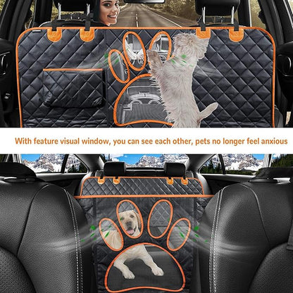Dog Car Back Seat Cover with Mesh Window 100% Waterproof Nonslip Pet Seat Cover 600D Heavy Duty Scratch Durable Soft Hammock with Side Cover for Car SUV Black&Orange