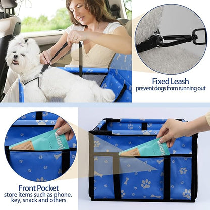 PetsHome Dog Car Seat Foldable Dog Car Booster Seat Waterproof Breathable Oxford Travel Bag for Small to Medium Dogs, Puppies, and Pets-Pattern Blue-Upgrade