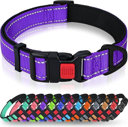 Taglory Reflective Dog Collar with Safety Locking Buckle, Soft Neoprene Padded Dog Collar for Medium Dogs, Metal D-Ring, Adjustable Nylon Neck Strap for Daily Walking, Training & Running, Purple, M