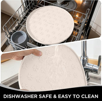 Comtim Waterproof Dog Food Mat - 2 Pack Silicone Pet Food Mat Dog Food Bowl Mats Cat Water Mats Eating Tray, Non-Slip Pet Placemat with Lip for Messy Drinkers to Protect Floor, Beige 11"×11"
