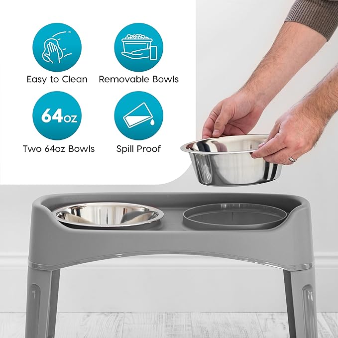 IRIS USA Adjustable Elevated Dog Bowls, Raised Feeder with 2 Stainless Steel 64 oz Bowls, Spill-Guard Rim, 12.25" or 4.63" Heights, Durable Plastic, Made in USA, Dark Gray