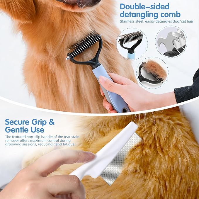Aglads 8PCS Cat Rabbit Bunny Dog Grooming Kit,Self-Cleaning Brush,Nail Clipper,Grooming Glove,Massage Brush,Flea Comb,Towel&Travel Bag,Complete Grooming Tools for Long&Short Haired Pets(8, blue)