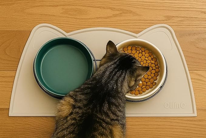 OHMO - Cat Food Mat, Silicone Pet Feeding Mat for Floor Non-Skid Waterproof Dog Water Bowl Tray, Easy to Clean Pet Placemat (Beige, 18 * 9.8'')