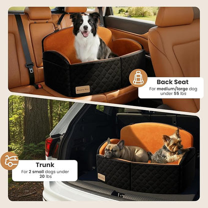 Dog Car Seat for Medium/Large Dogs, Memory Foam Dog Booster Seat with Thick Cushion up to 55 lbs or 2 Small Dogs, Travel Pet Car Seat with Detachable Washable Cover, 2 Safety Leashes (Black/Brown)