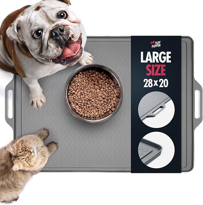 Tuff Pupper 28x20 Large Dog Feeding Mat for Food and Water | Dog Food Mats for Floors | Waterproof Dogs Water Bowl Mats | Dogs Placemats Pet Food-Mat | Silicone Feeding Mat for Cats and Cat Bowls