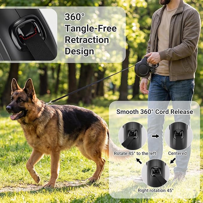 Segarty 26 Ft Walking Lead with Poop Bag Holder for Dogs 66 lbs - 110 lbs, 360°Tangle-Free Leash with Anti-Slip Handle & One-Handed Brake Pause Lock, 8m Retractable Leash for Dog Pets Outside Activity