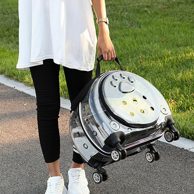 Pet Carrier with Wheels for Cats and Dogs, Clear Hard-Shell Rolling Pet Carrier with Retractable Handle, Airline-Approved Travel Carrier, Portable Cat and Dog Stroller (Black)