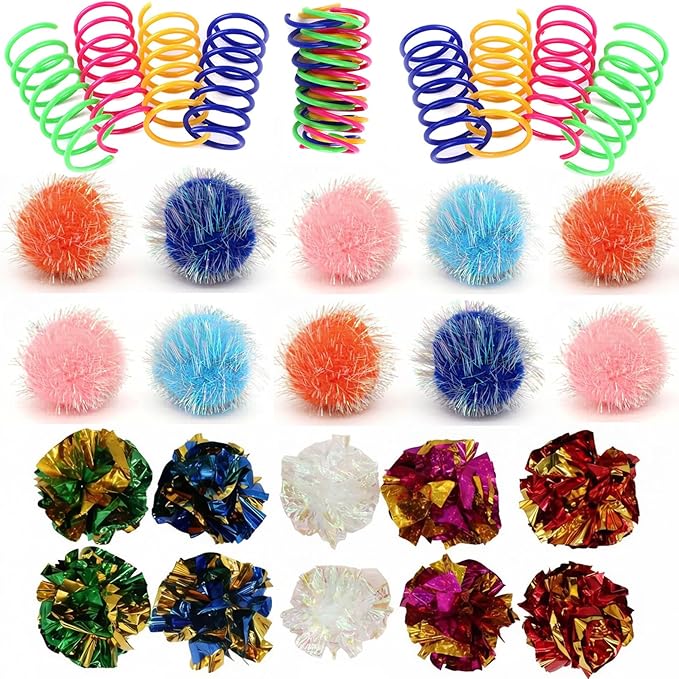 LASOCUHOO Cat Toys, 30 Packs Interactive Cat Toy Pack Including Cat Crinkle Balls, Cat Sparkle Balls, Spiral Springs for Kitten （Random Color）