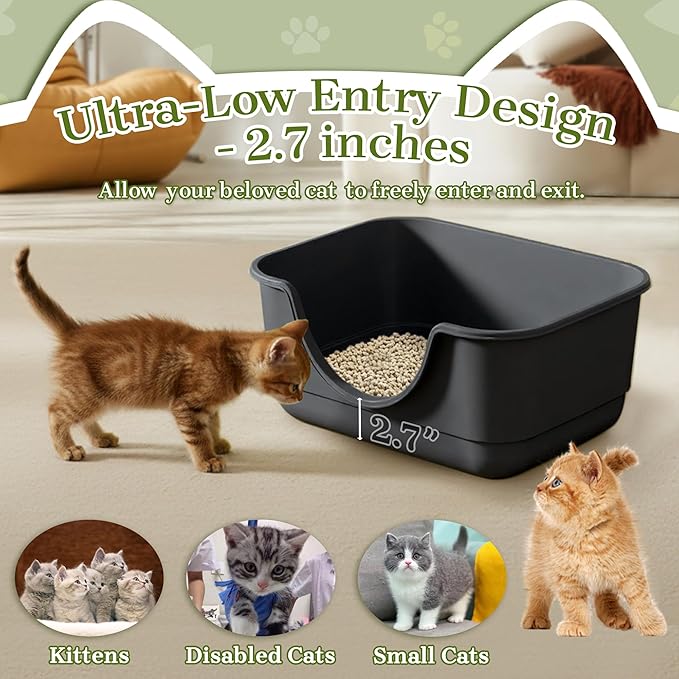 2 Pack Low Entry Small Litter Box for Kittens, Kitty Plastic Litter Boxes, Open Top, Anti-Splash High Sided Litter Tray Pan for Medium Pets, Puppy, Easy to Clean, 15.7"L*11.8"W*6.7"H (Black)