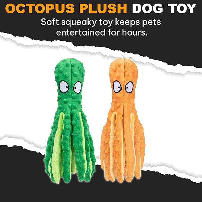Squeaky Octopus Dog Toy – No Stuffing, Crinkle Sound Plush Chew Toy for Small and Medium Dogs – Durable and Machine Washable – 2 Pack (Orange & Green)