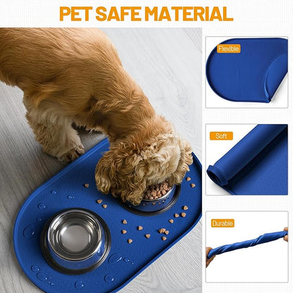 Hubulk 100% Waterproof Silicone Pet Feeding Mat with Raised Edge for Food and Water, Dog Bowl Mats, Cat Bowls Placemat with High Lip Protects Floor for Cats and Dogs (Navy Blue, 32" L x 24" W)