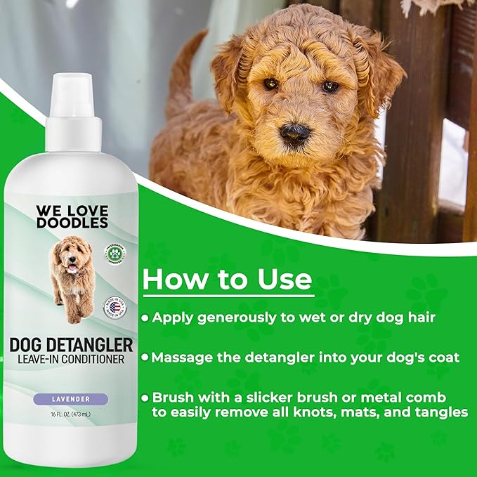We Love Doodles Dog Comb (2 Packs) & Lavender Detangler Spray 16oz – Pet Grooming Essentials, Stainless Steel Rounded-End Dematting Metal Comb for Dogs, Dog Leave-In Conditioner Spray for Detangling