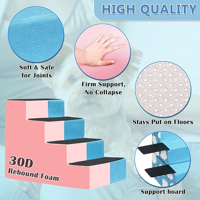 Pet Stairs for Small Dog Stairs for Sofa and Bed High Density Foam Stairs Pet Ladder with Removable Washable Cover Non-Slip Base(4 Steps Blue)