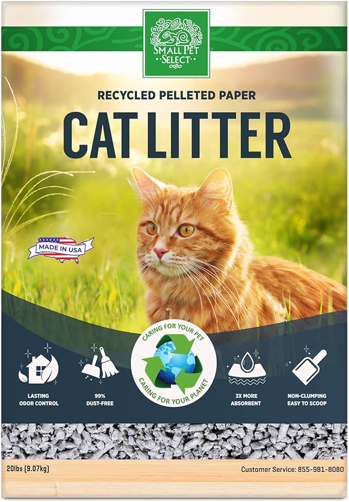 Small Pet Select Recycled Pelleted Paper Cat Litter, Kitty Litter, Non Clumping Pellets for Cats, for Use with Litter Box, Non Tracking, Low Dust, Made in USA, 20lb