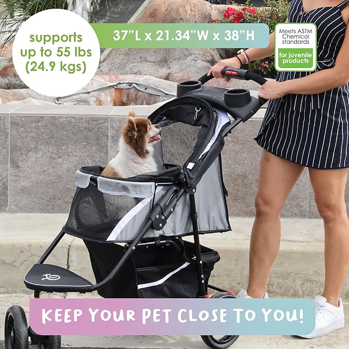 Petique Revolutionary Durable Pet Stroller, Easy Fold, Quality mesh Windows, Large Storage Basket, Secure Cup Holder Tray, Small/Medium Dogs, Cats and Pets, Supports up to 55LBS - Galaxy (Gray)