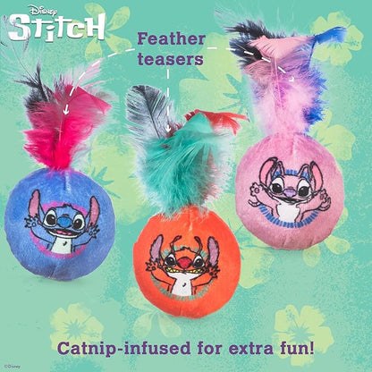 Disney for Pets Lilo and Stitch 3pk Feathered Jingle Balls Cat Toys with Catnip, Feather Teaser Ball Set for Cats, Cute Kitty Toy Fans
