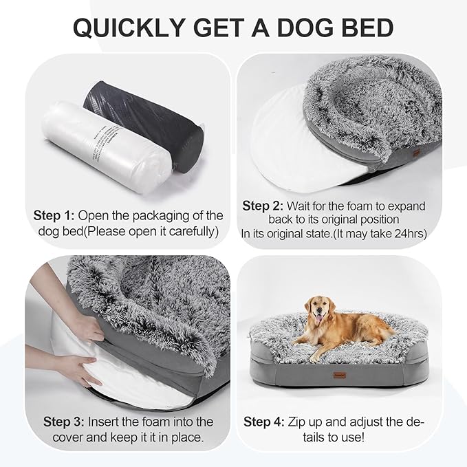 Fluffy 3.7 inch Thickened Orthopedic Dog Beds for Large Dogs, Supportive Dog Sofa Bed with 28D Egg-Crate Foam, Removable Washable Plush Cover, Waterproof Lining, Cozy Oval Design, Grey