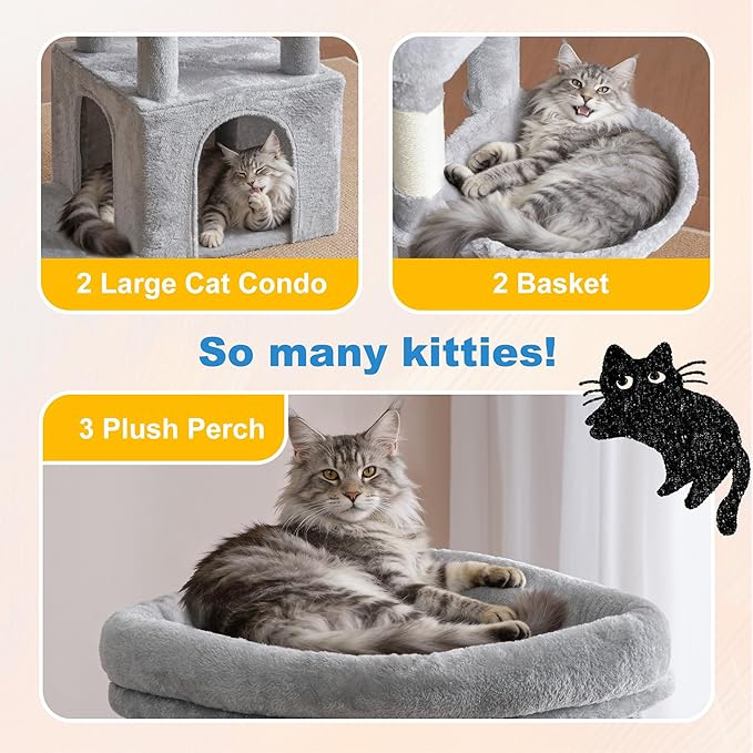 Hey-brother Cat Tree, 67.3 Inches Tower with 3 Soft Platform Beds, 2 Large Condos, 9 Sisal Scratching Posts, 2 Hammocks and Toys, Multi-Level Step House for Multiple Indoor Kittens, Light Gray MPJ084W