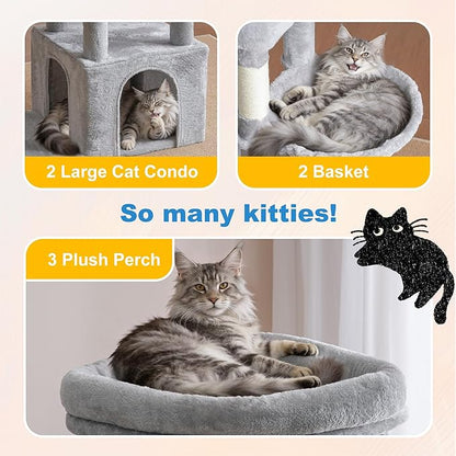 Hey-brother Cat Tree, 67.3 Inches Tower with 3 Soft Platform Beds, 2 Large Condos, 9 Sisal Scratching Posts, 2 Hammocks and Toys, Multi-Level Step House for Multiple Indoor Kittens, Light Gray MPJ084W
